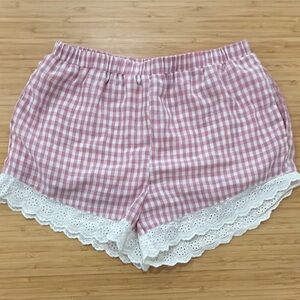 Pink Gingham Women's Shorts with Lace Trim